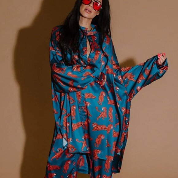 Dressed in LALA Wild Woman Teal Satin Playsuit Set - Picture 1 of 8